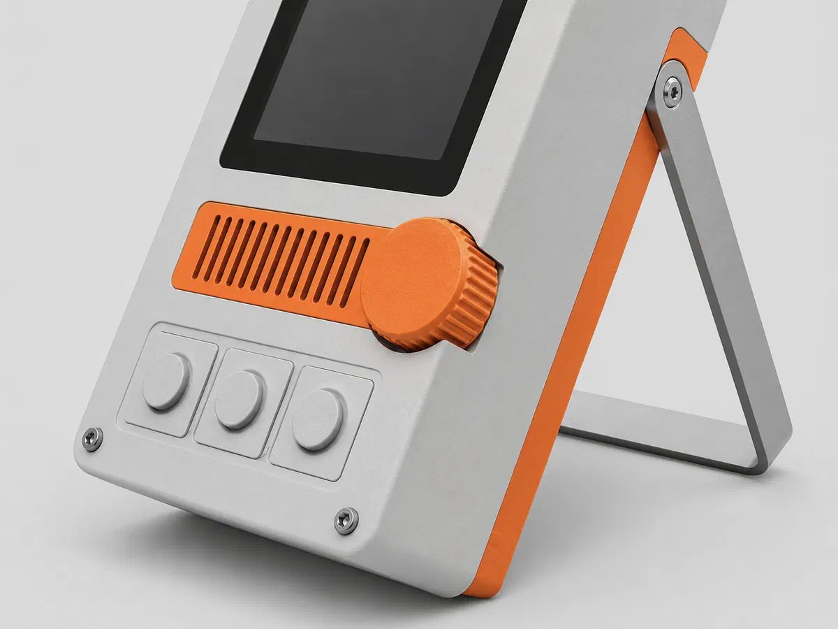 Close-up of the Qorvan Radon S1 orange dial, buttons and aluminum stand