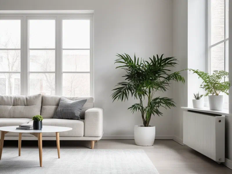 A bright modern living room with a plant near a window